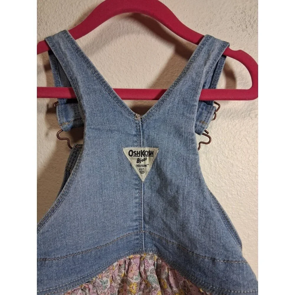 Osh Kosh B'Gosh Overalls Dress Denim Floral Boho Retro Girls Size 4T